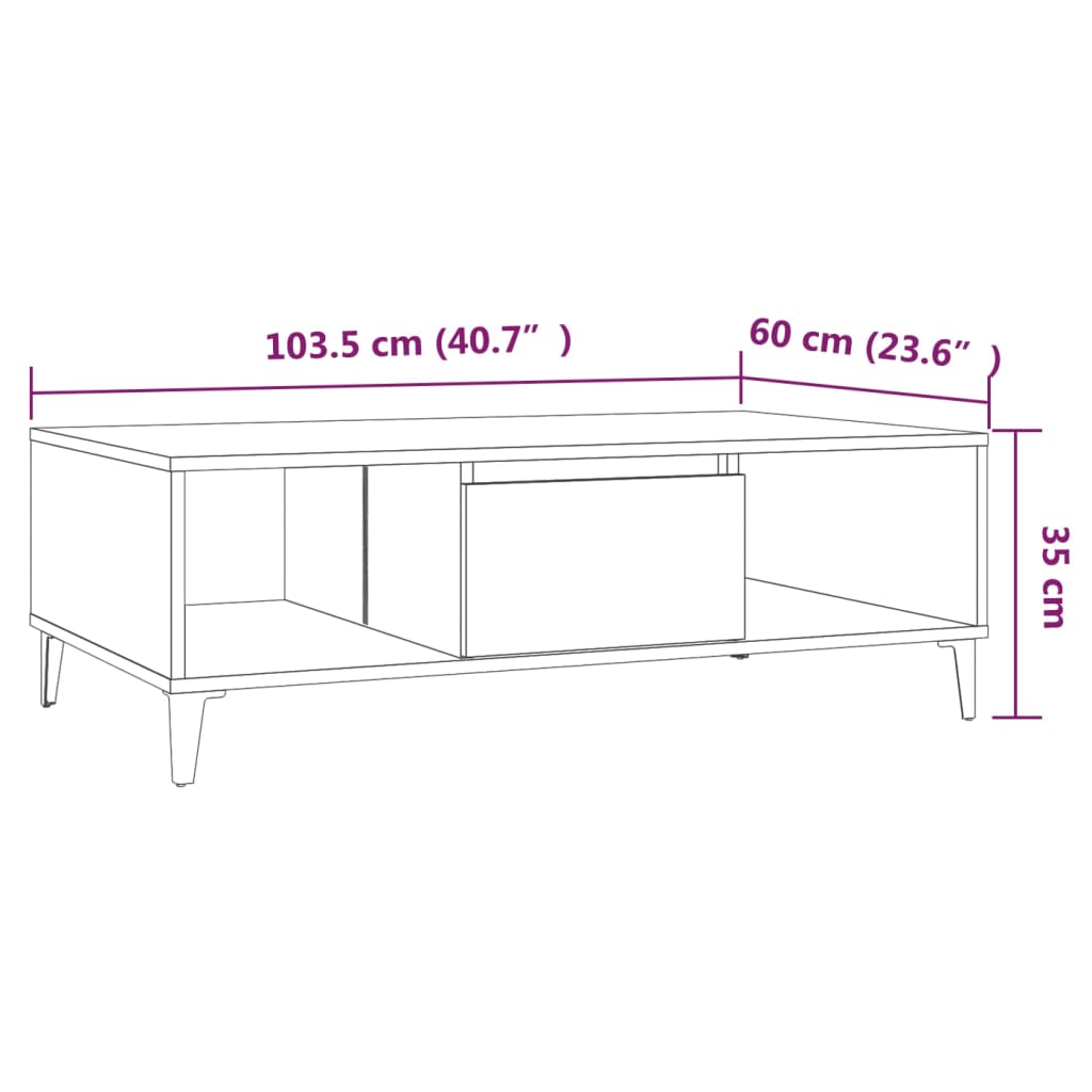 vidaXL kafijas galdiņš, pelēka ozolkoka, 103,5x60x35 cm, skaidu plātne