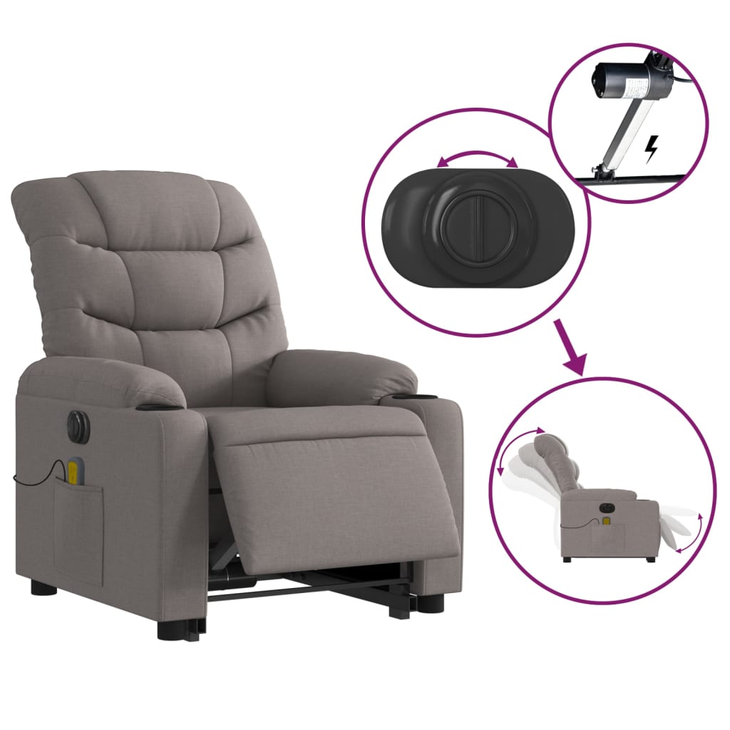 vidaXL elektrisks masāžas krēsls, paceļams, pelēkbrūns audums