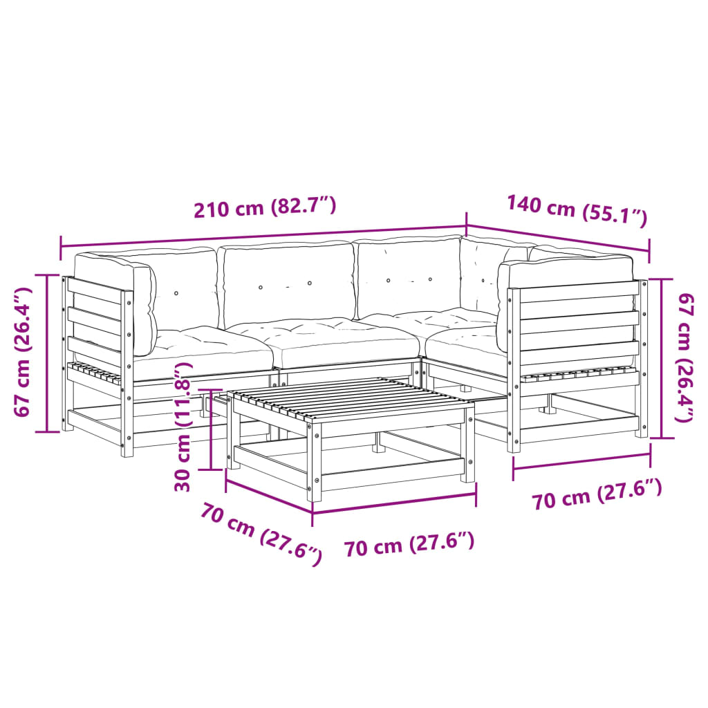 vidaXL 5-daļīgs dārza dīvānu komplekts, matrači, egles masīvkoks