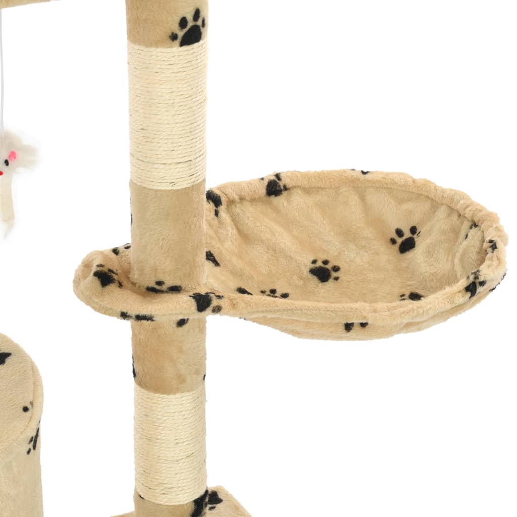 vidaXL kaķu māja, stabi nagu asināšanai, 138 cm, bēša ar ķepu apdruku