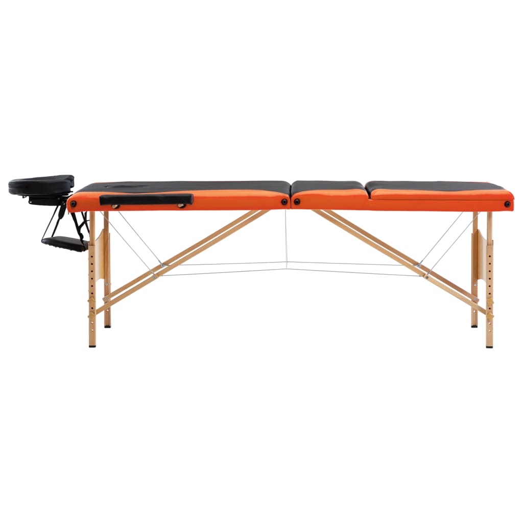 vidaXL saliekams masāžas galds, 3 daļas, koks, melns ar oranžu