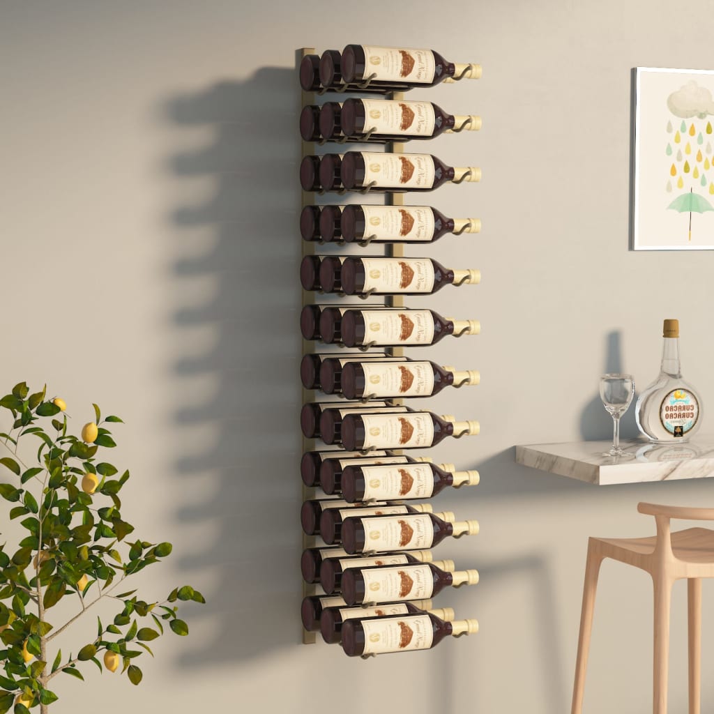 vidaXL sienas vīna pudeļu plaukts 36 pudelēm, zeltaina dzelzs