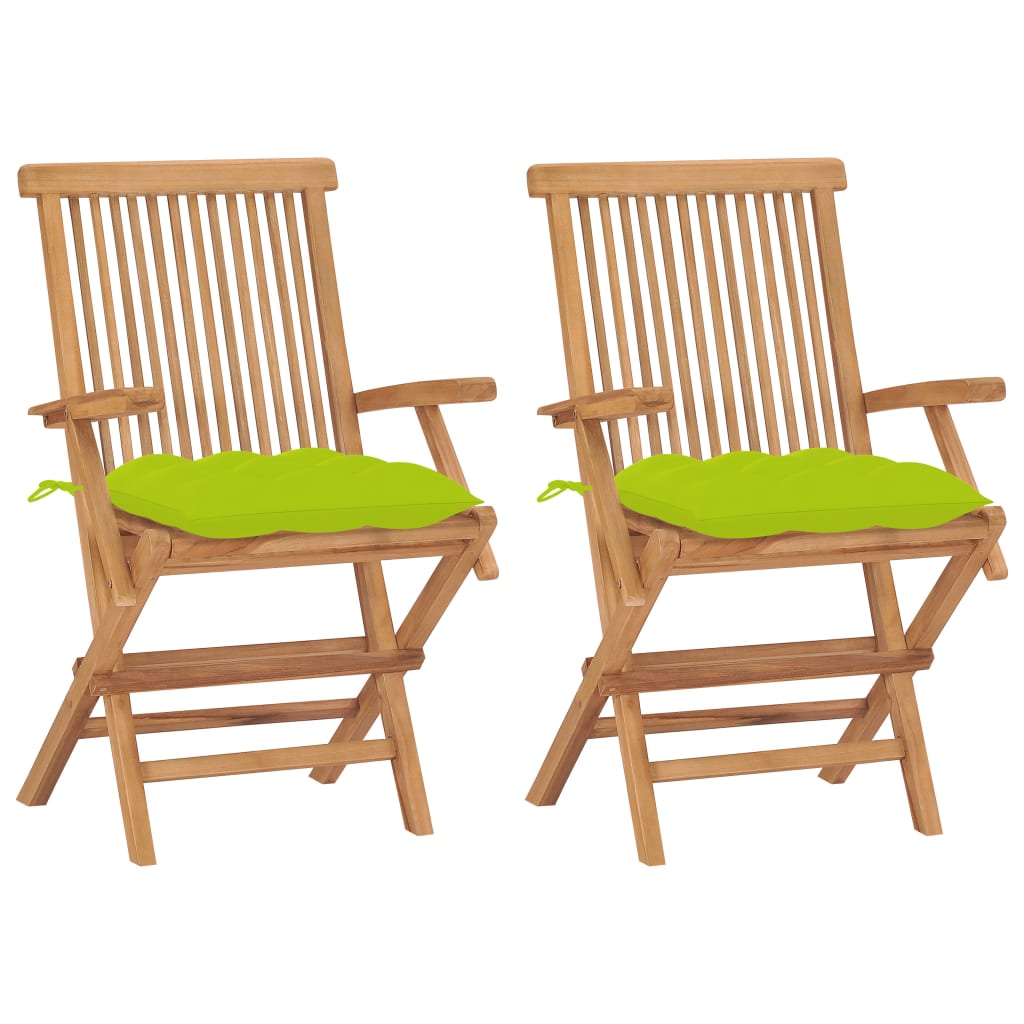 vidaXL dārza krēsli, spilgti zaļi matrači, 2 gab., masīvs tīkkoks