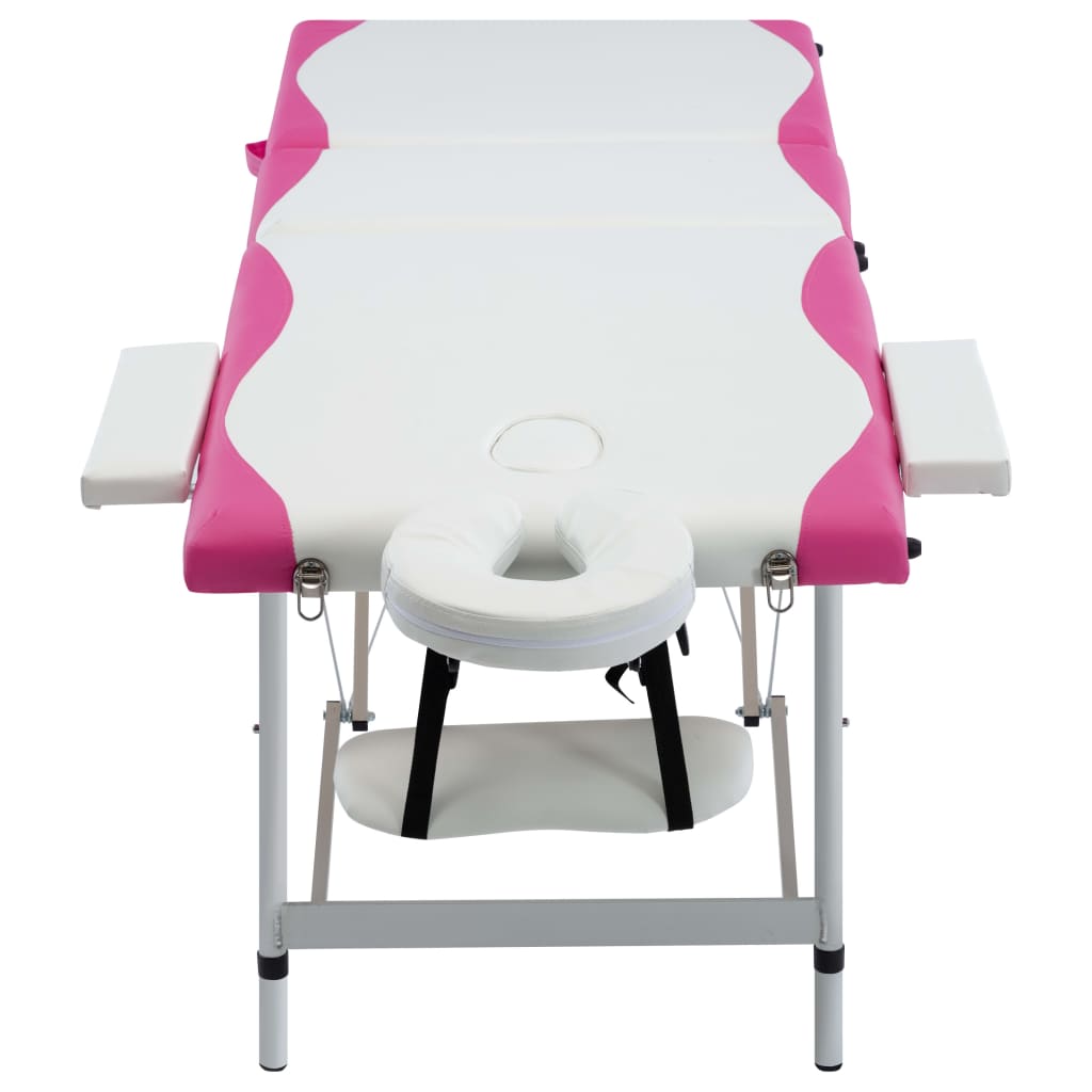 vidaXL saliekams masāžas galds, 3 daļas, alumīnijs, balts ar rozā