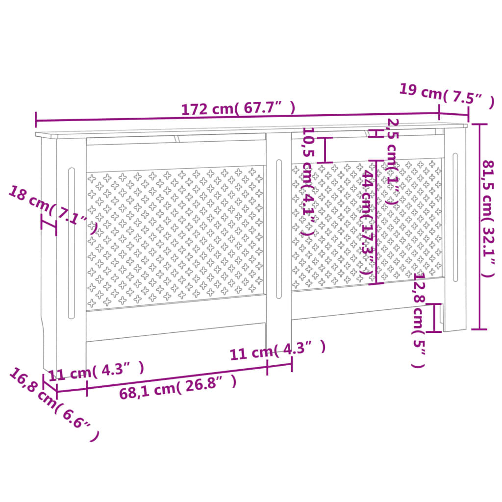 vidaXL radiatora pārsegs, balts, 172x19x81,5 cm, MDF