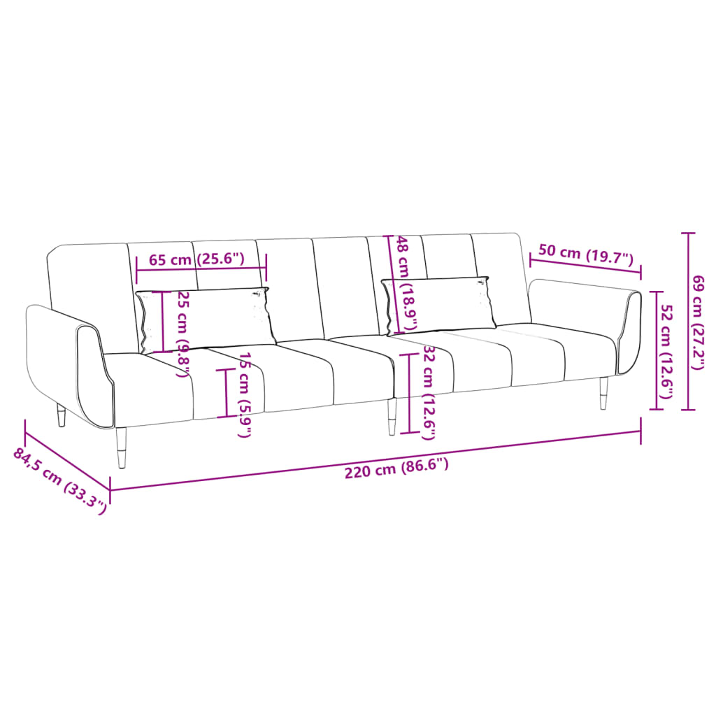 vidaXL 2-vietīga dīvāngulta ar diviem spilveniem, gaiši pelēks samts