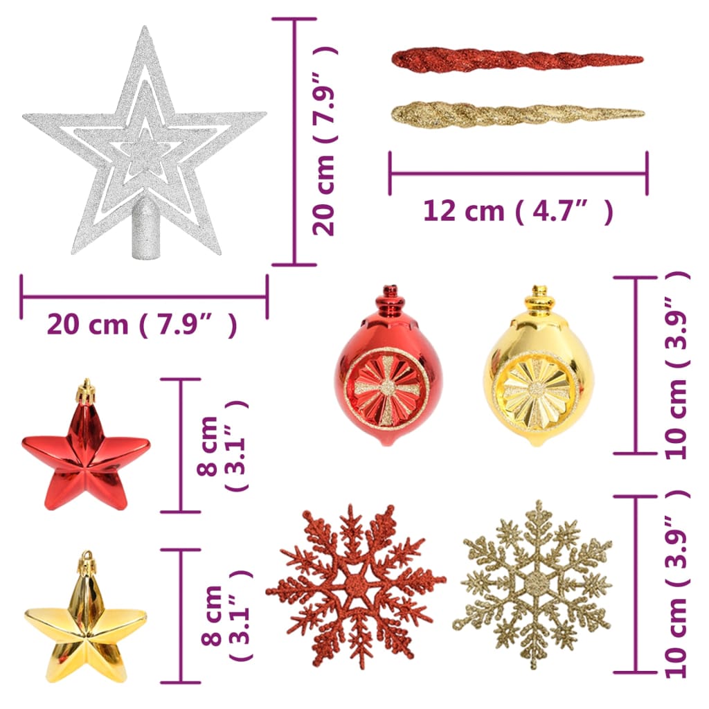 vidaXL Ziemassvētku eglīšu rotājumi, 108 gab., zeltaini un sarkani