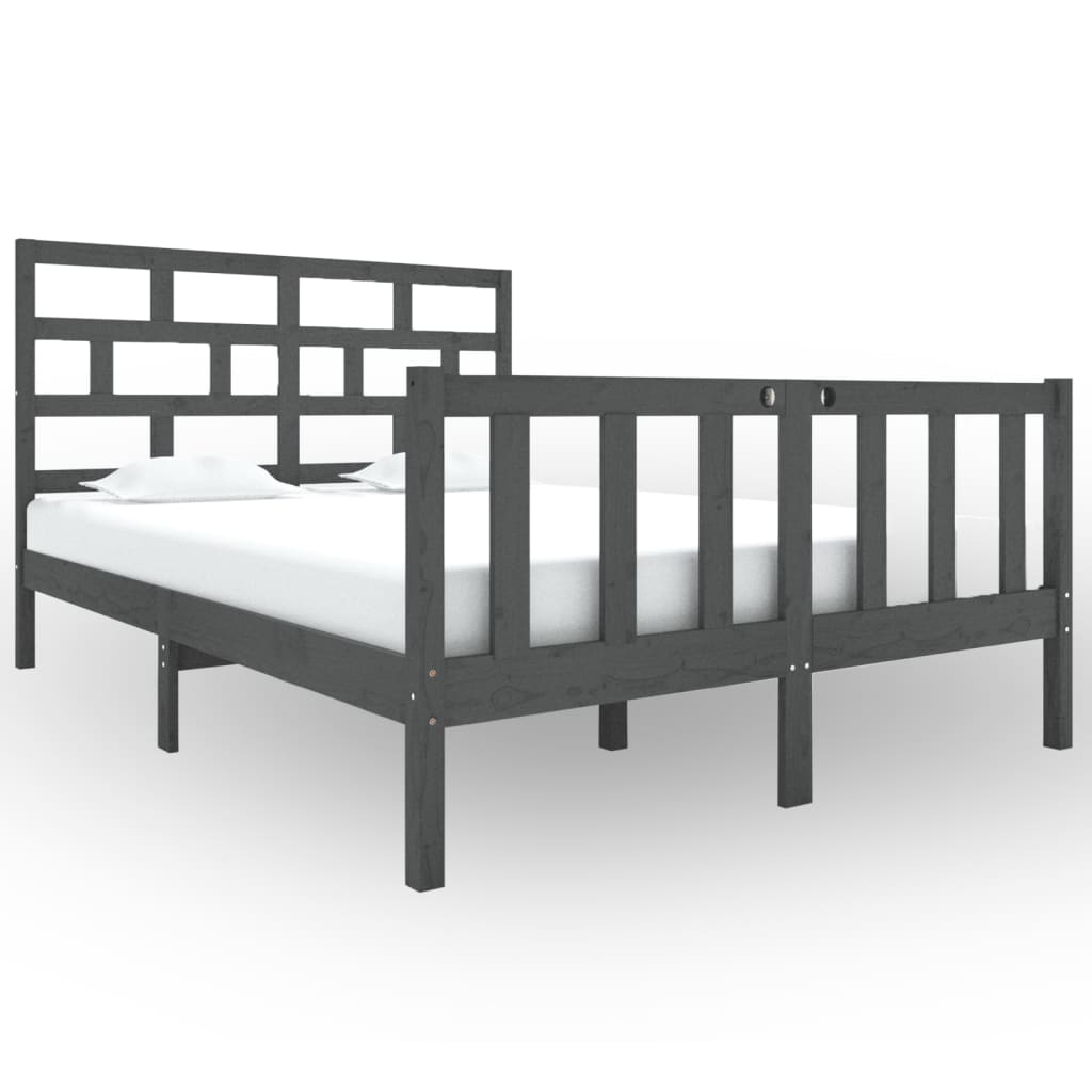 vidaXL gultas rāmis, pelēks, priedes masīvkoks, 135x190 cm, divvietīgs