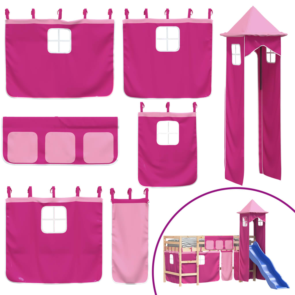 vidaXL bērnu augstā gulta ar torni, rozā, 80x200 cm, priedes masīvkoks