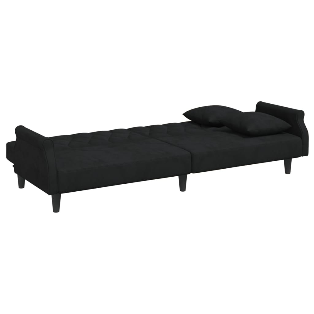 vidaXL 2-vietīga dīvāngulta ar spilveniem un kāju balstu, melns samts