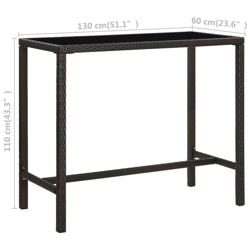 vidaXL dārza bāra galds, 130x60x110 cm, brūna PE rotangpalma, stikls