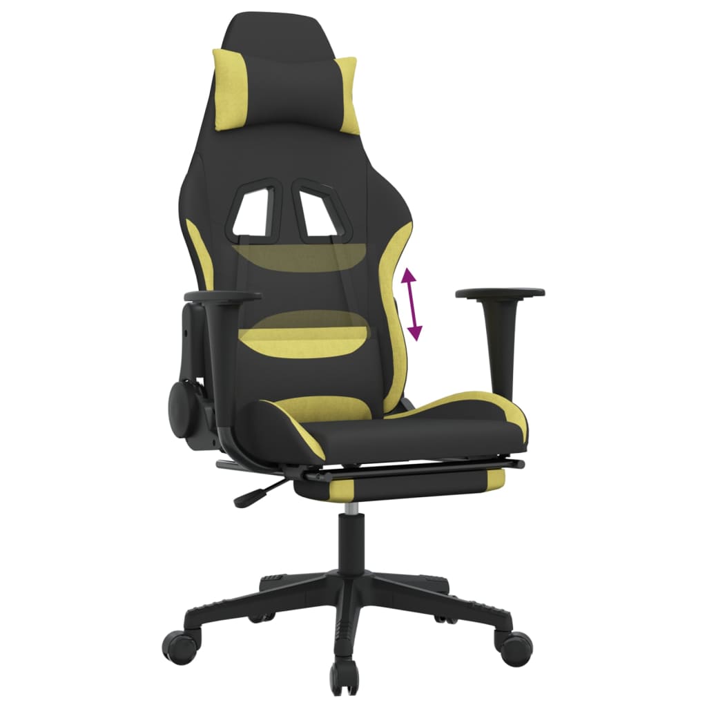 vidaXL datorspēļu krēsls ar kāju balstu, melns un gaiši zaļš audums