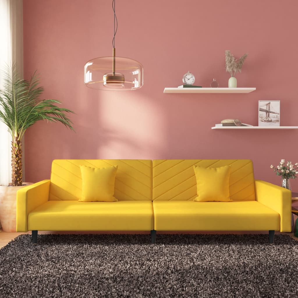 vidaXL 2-vietīga dīvāngulta ar diviem spilveniem, dzeltens samts