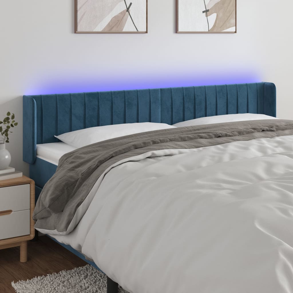 vidaXL gultas galvgalis ar LED, 183x16x78/88 cm, tumši zils samts