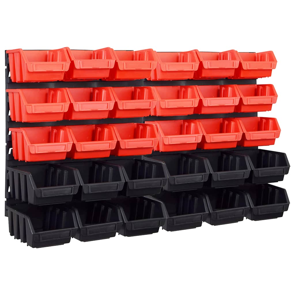 vidaXL 32-daļīgs sienas plaukts ar kastēm un paneļiem, melns, sarkans