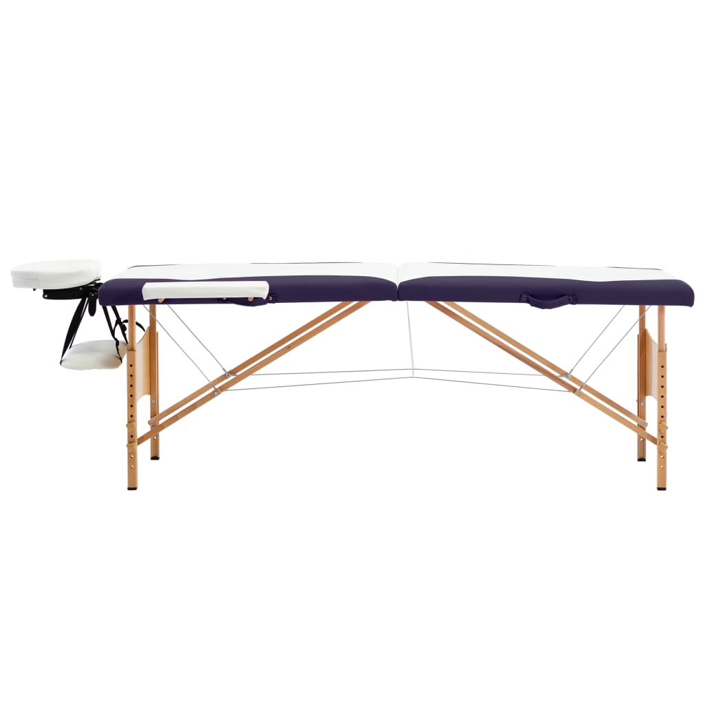 vidaXL saliekams masāžas galds, 2 daļas, koks, balts ar violetu