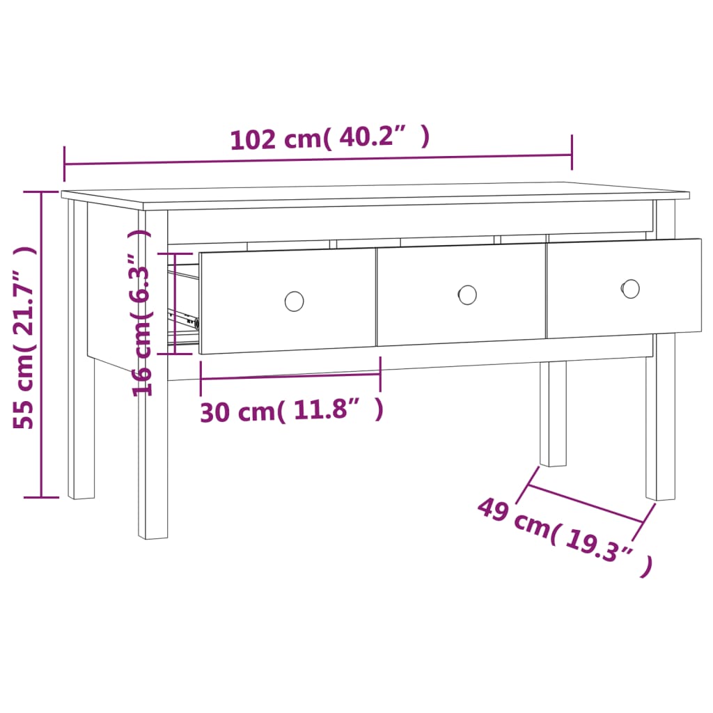vidaXL kafijas galdiņš, 102x49x55 cm, priedes masīvkoks
