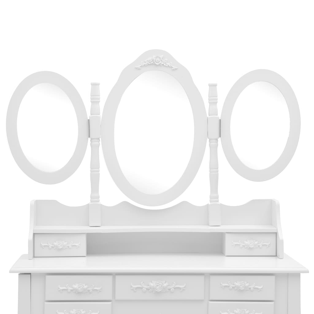 vidaXL spoguļgaldiņš ar tabureti un 3 spoguļiem, balts