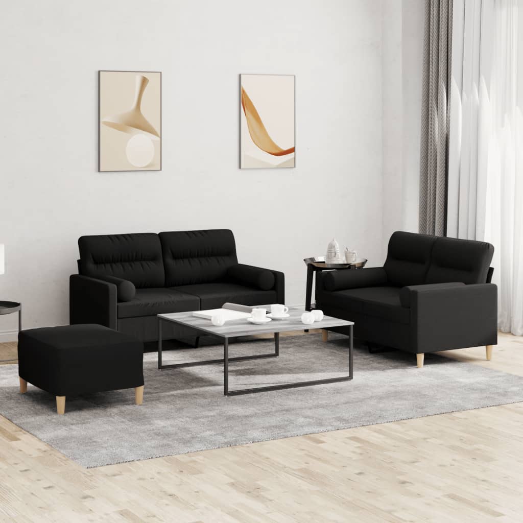 vidaXL trīsdaļīgs dīvānu komplekts ar spilveniem, melns audums