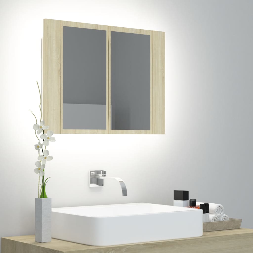 vidaXL vannasistabas spoguļskapītis, LED, ozolkoka krāsa, akrils