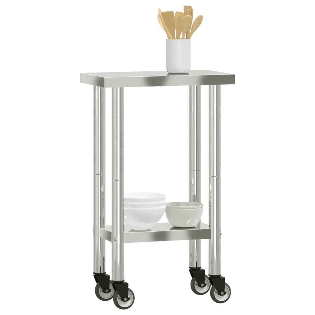 vidaXL virtuves darba galds, riteņi, 55x30x85 cm, nerūsējošs tērauds