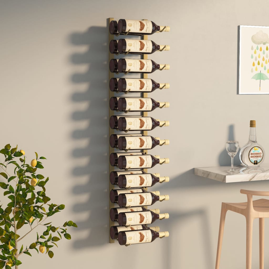vidaXL sienas vīna pudeļu plaukts 24 pudelēm, zeltaina dzelzs