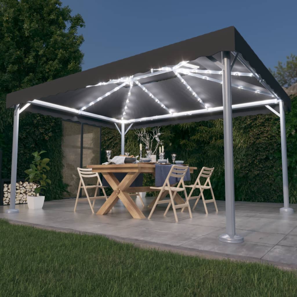 vidaXL dārza nojume ar LED lampiņām, 400x300 cm, pelēka, alumīnijs
