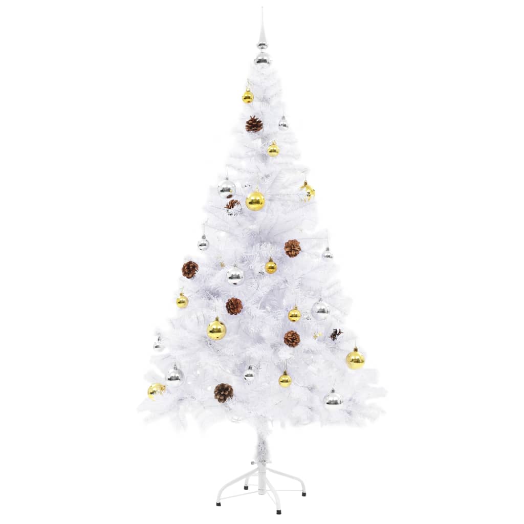 vidaXL izgaismota mākslīgā Ziemassvētku egle ar bumbām, 150 cm, balta