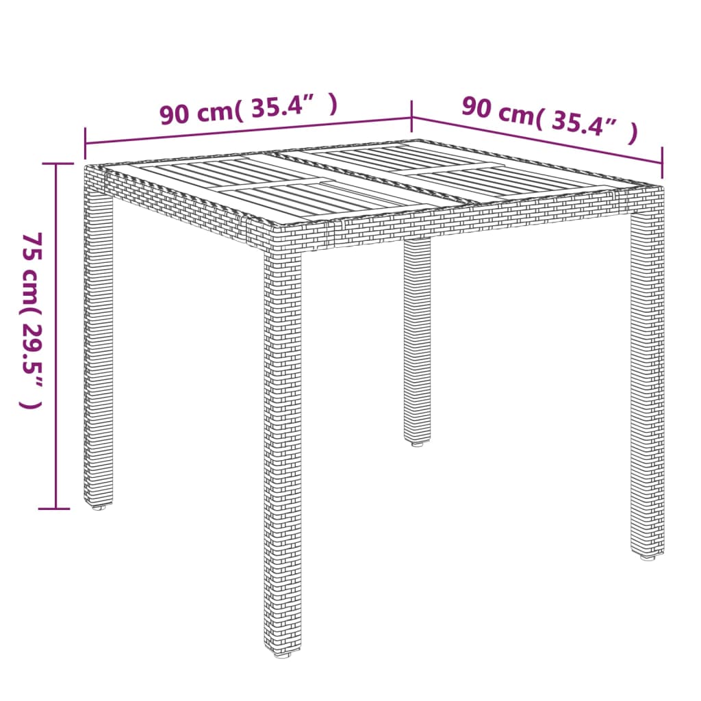vidaXL dārza galds ar koka virsmu, 90x90x75 cm, melna PE rotangpalma