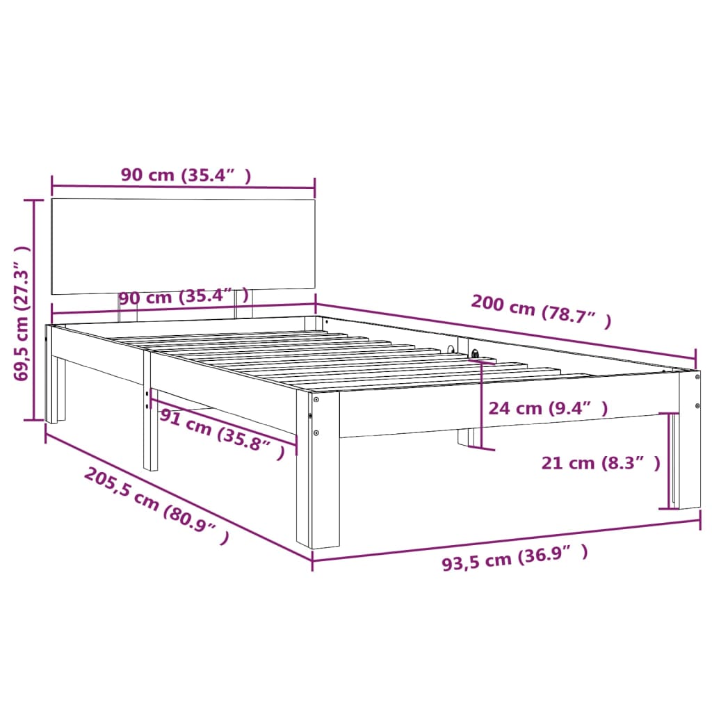 vidaXL gultas rāmis, priedes masīvkoks, 90x200 cm