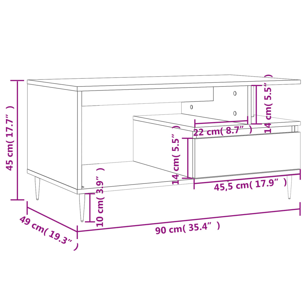 vidaXL kafijas galdiņš, betona pelēks, 90x49x45 cm, inženierijas koks