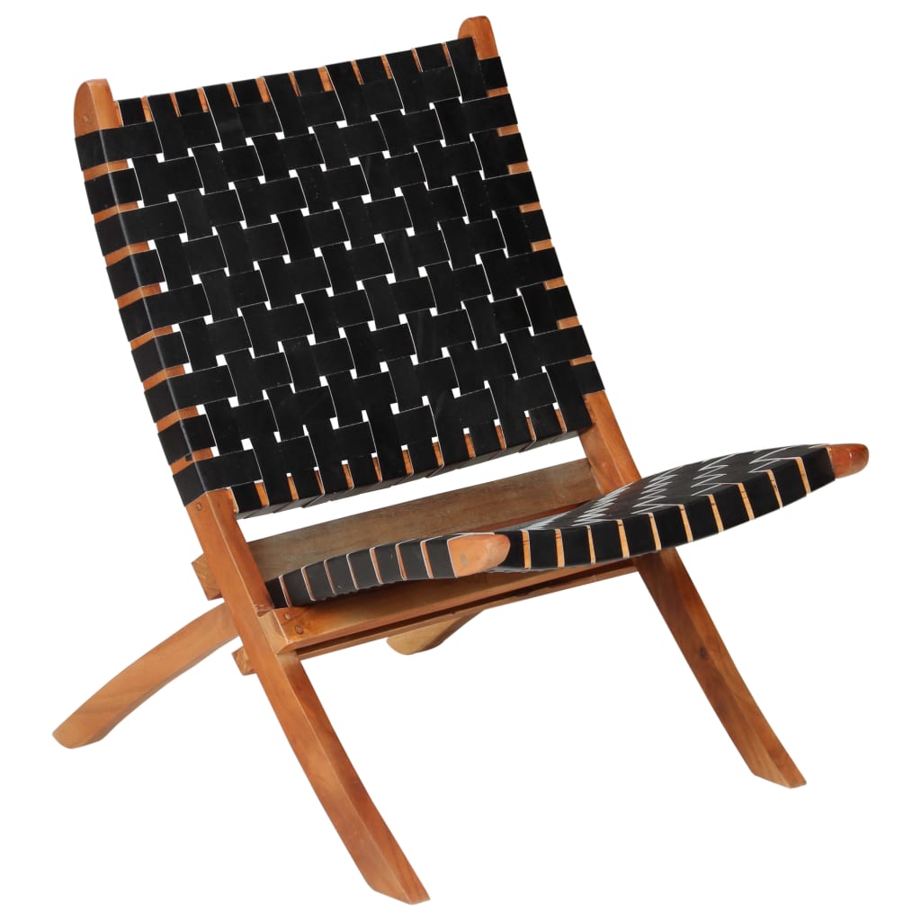 vidaXL saliekams atpūtas krēsls, melna dabīgā āda