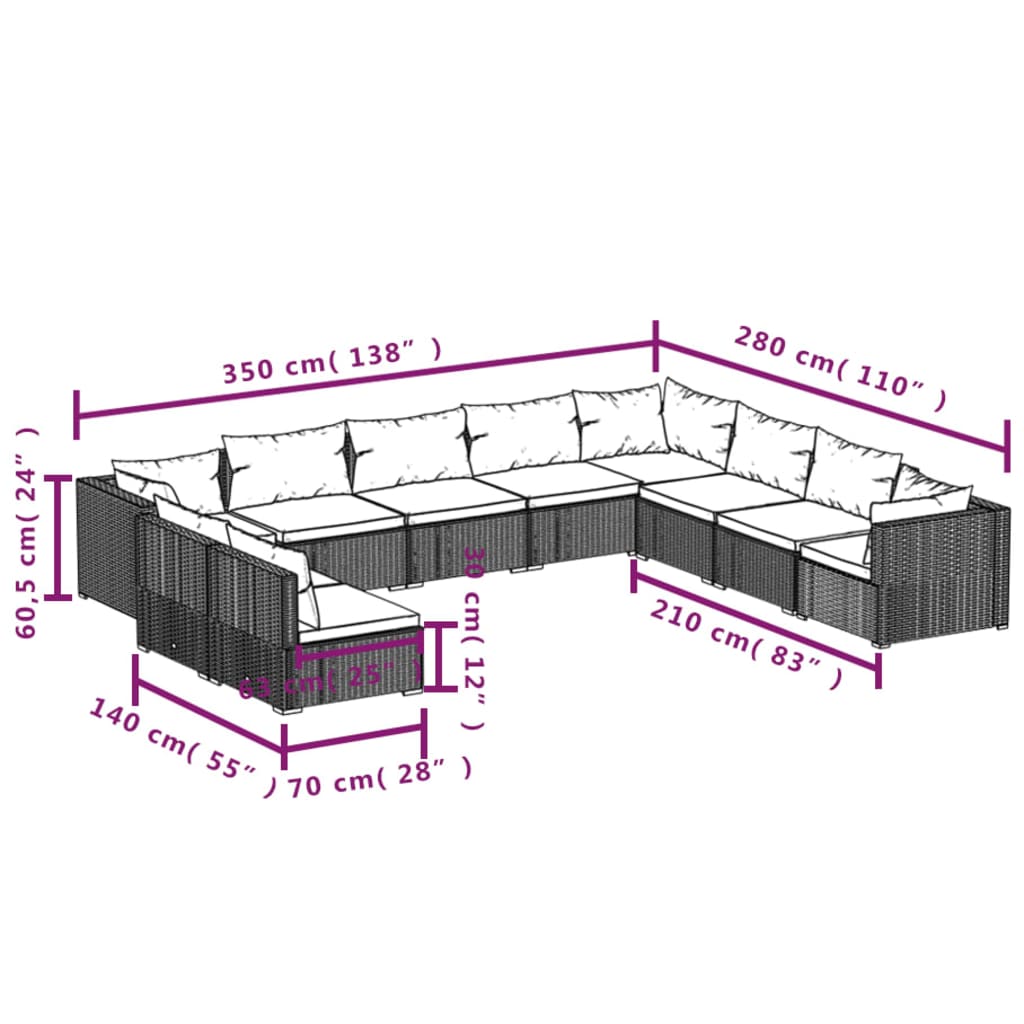 vidaXL 10-daļīgs dārza mēbeļu komplekts, PE rotangpalma, melns