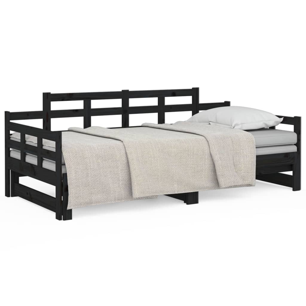 vidaXL izvelkama gulta, melna, priedes masīvkoks, 2x(90x190) cm