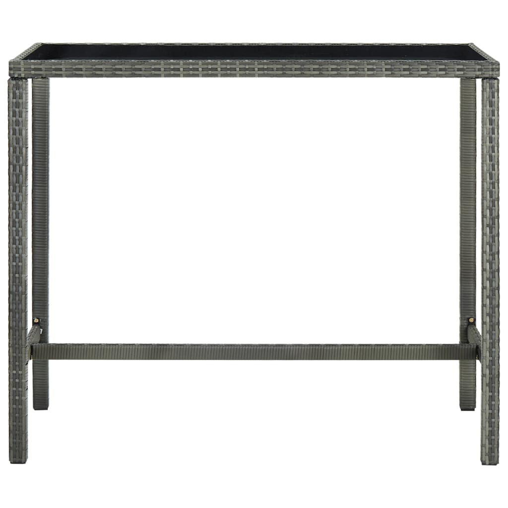 vidaXL dārza bāra galds, pelēks, 130x60x110cm, PE rotangpalma, stikls