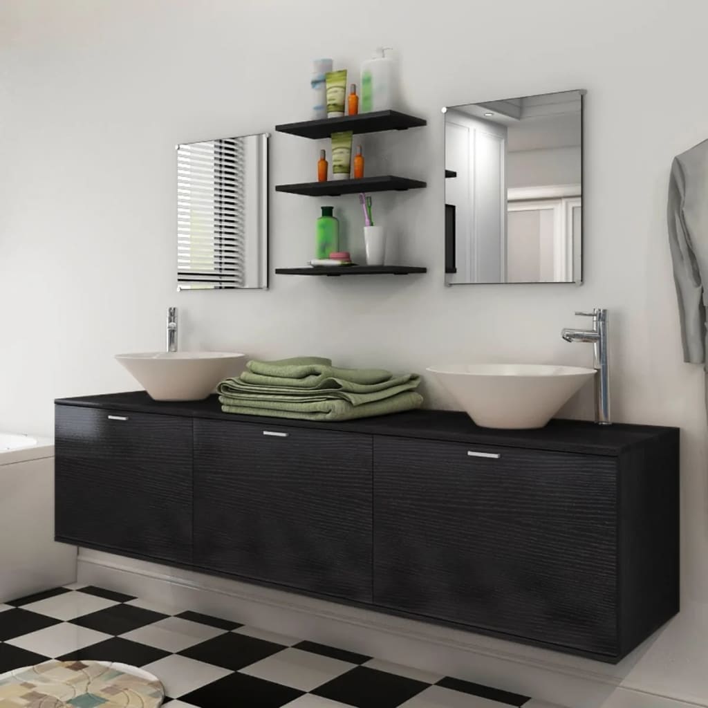 vidaXL vannas istabas mēbeles un izlietnes, 8 gab., melnā krāsā