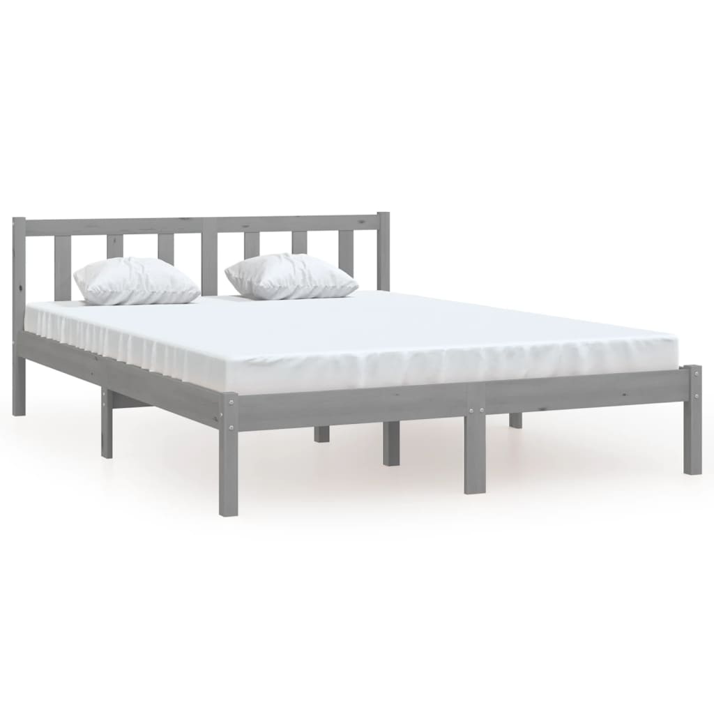vidaXL gultas rāmis, pelēks, priedes masīvkoks, 135x190 cm, divvietīgs