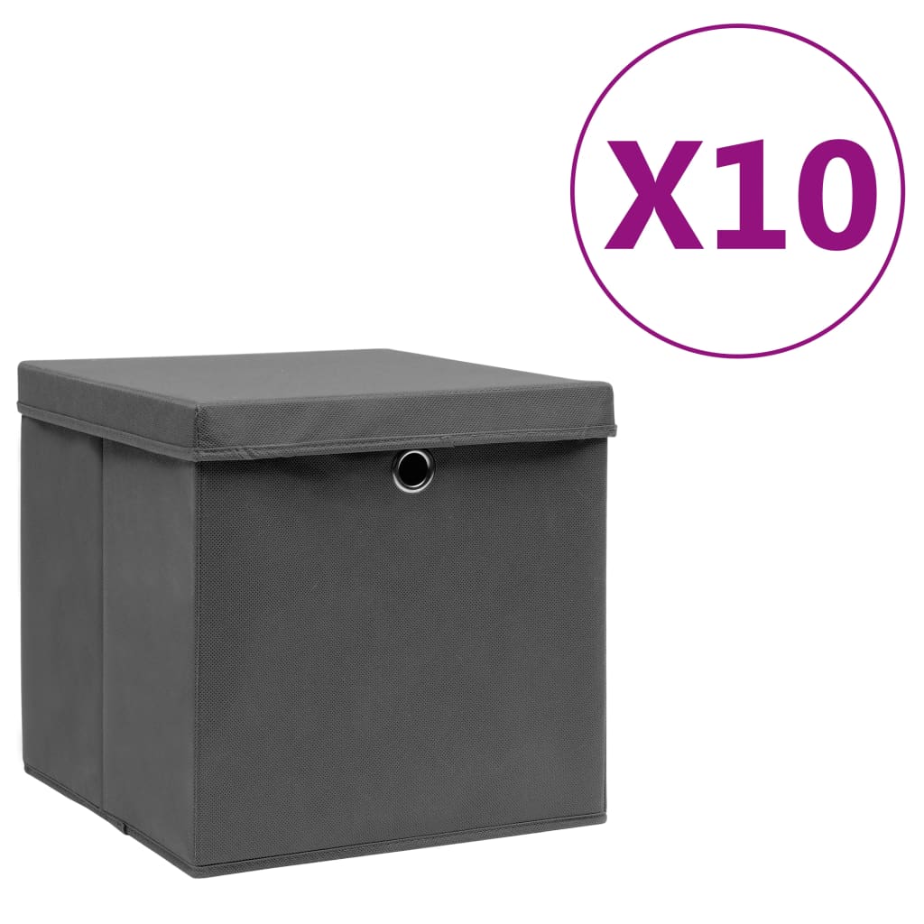vidaXL uzglabāšanas kastes ar vāku, 10 gab., pelēkas, 28x28x28 cm