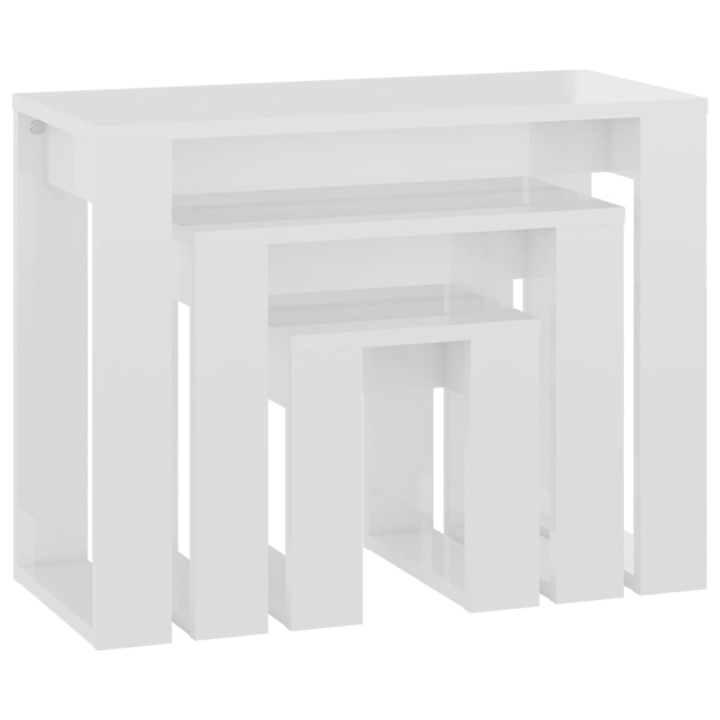 vidaXL galdiņi, 3 gab., sabīdāmi, spīdīgi balti, inženierijas koks