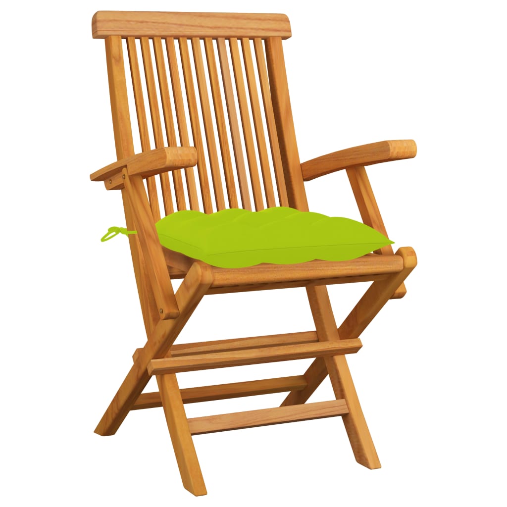 vidaXL dārza krēsli, spilgti zaļi matrači, 3 gab., masīvs tīkkoks