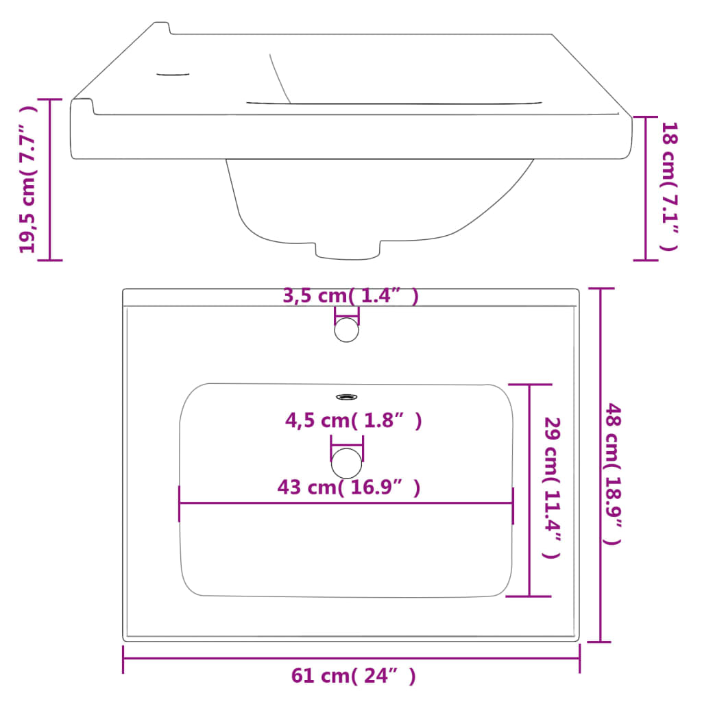 vidaXL vannasistabas izlietne, balta, 61x48x19,5 cm, taisnstūra