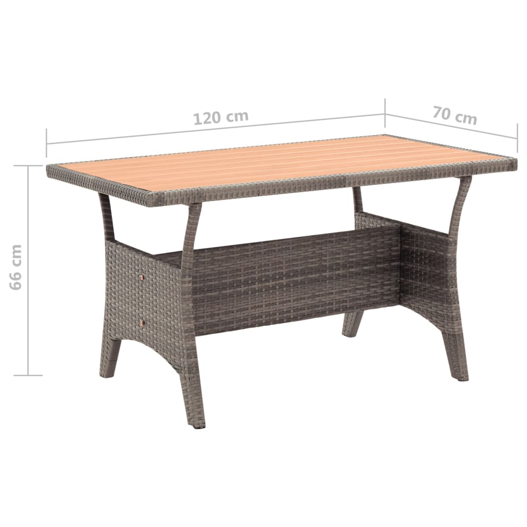vidaXL dārza galds, pelēks, 120x70x66 cm, PE rotangpalma