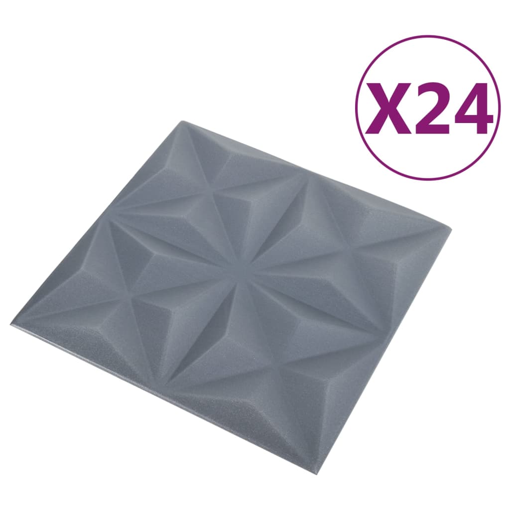 vidaXL 3D sienas paneļi, 24 gab., 50x50 cm, pelēks origami, 6 m²