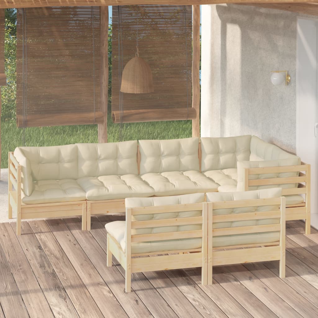 vidaXL 7-daļīgs dārza mēbeļu komplekts ar krēmkrāsas matračiem, priede