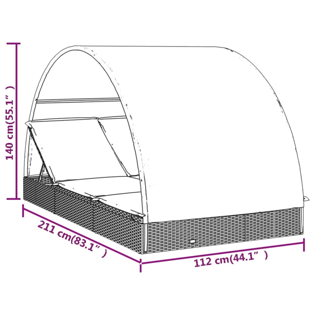 vidaXL sauļošanās gulta ar jumtu, 211x112x140 cm, PE rotangpalma