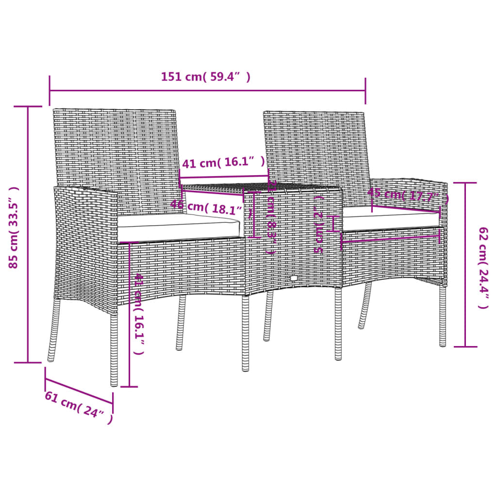 vidaXL divvietīgs dārza dīvāns ar galdiņu, PE rotangpalma, melns