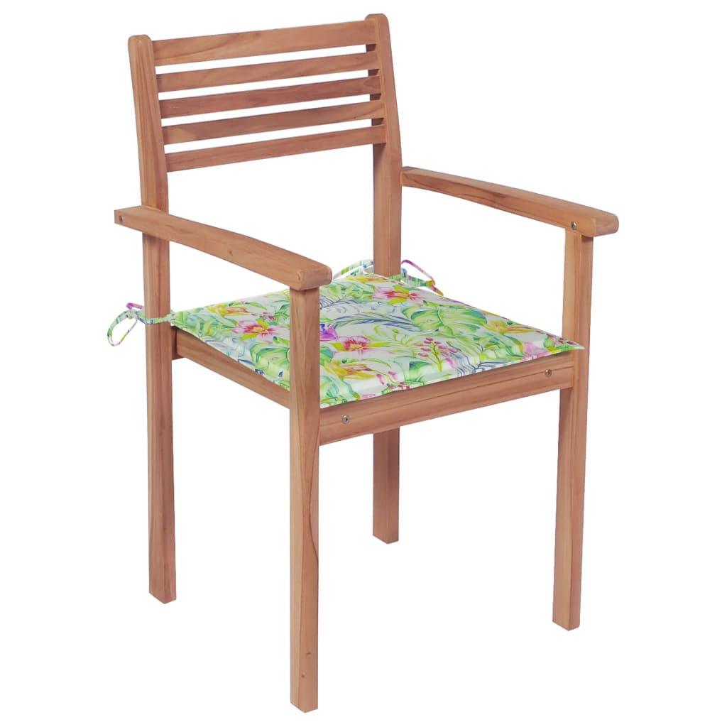 vidaXL dārza krēsli, 2 gab., matrači ar lapu apdruku, masīvs tīkkoks