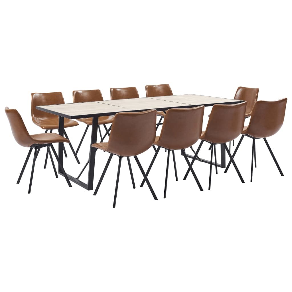 vidaXL virtuves galds un 10 krēsli, konjaka krāsas mākslīgā āda