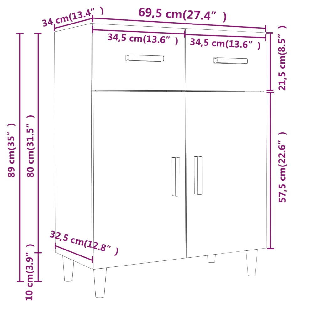 vidaXL kumode, melna, 69,5x34x89 cm, inženierijas koks
