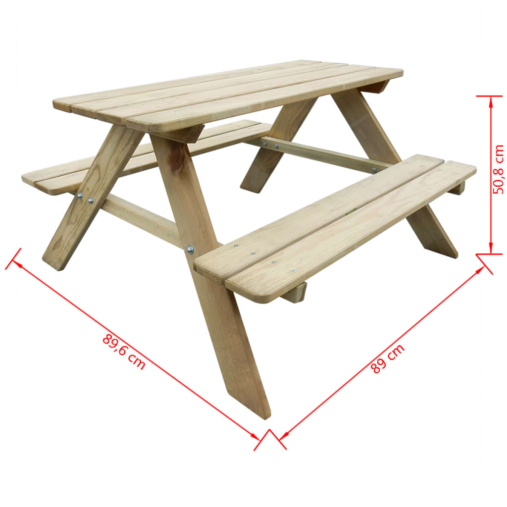 vidaXL bērnu piknika galds, 89x89,6x50,8 cm, koks